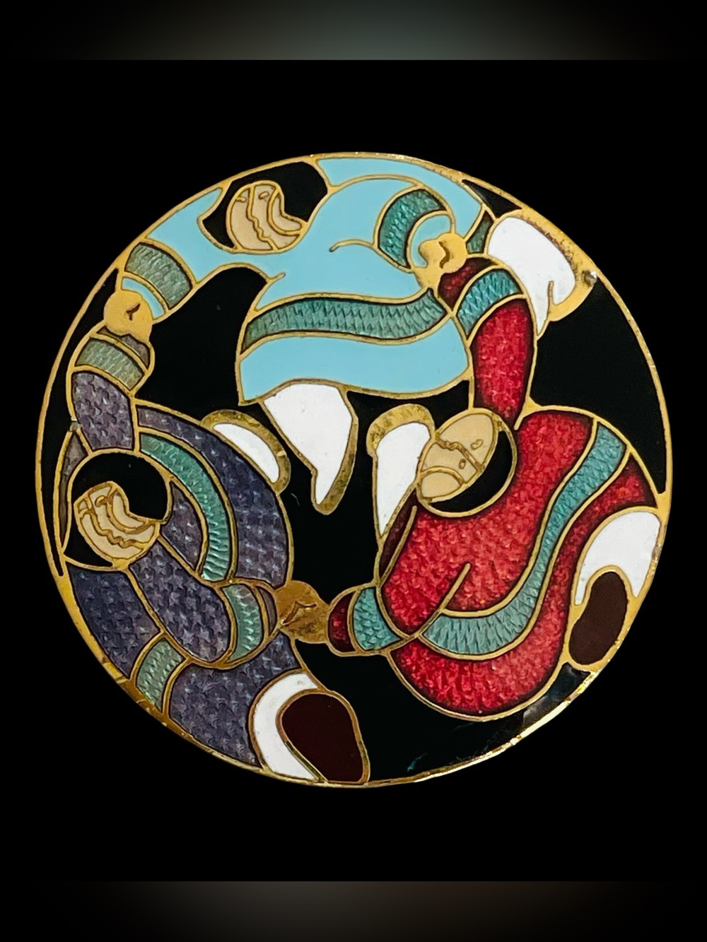 Signed Barbara Lavallee Cloisonne Brooch With Alaskan Inuit Dancers
